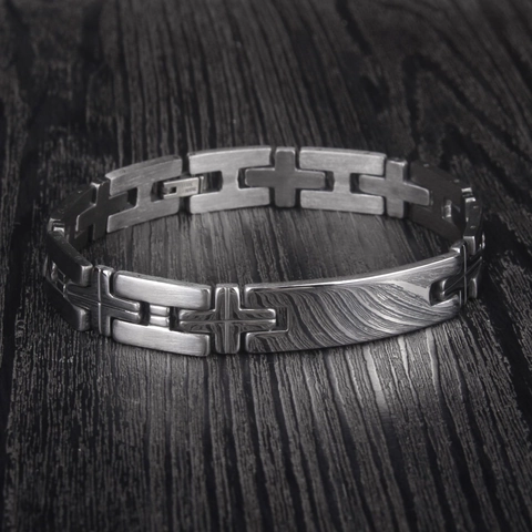 Herren Edelstahl Kreuz Armband Poliert Gebürstet Blank Platte Religiös Punk Stil Silber Metallkette Armband Schmuck Für Männer Geschenk