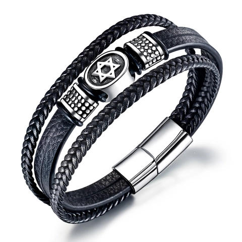 Bracciale da Uomo Multistrato in Pelle Sintetica Intrecciata Acciaio Inossidabile Ciondolo Stella di Davide Chiusura Magnetica