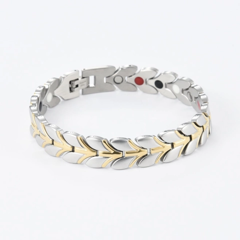 Bracciale Magnetoterapia da Uomo in Acciaio al Titanio Design Foglia di Grano Bicolore Oro Argento Gioielli Benessere