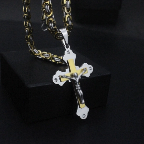 Collar con Colgante de Cruz Bicolor Hip Hop Punk Unisex de Acero de Titanio Cadena Bizantina Joyería Religiosa de Strass