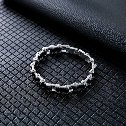 Bracciale da Uomo in Acciaio Inossidabile a Catena di Bicicletta Punk Meccanico Stile Industriale Argento Nero Silicone Gioielli