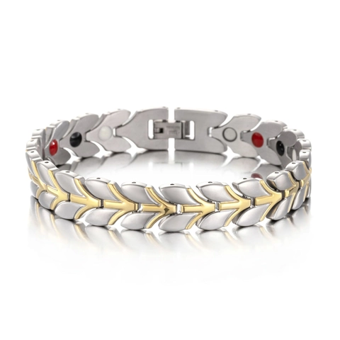Bracciale Magnetoterapia da Uomo in Acciaio al Titanio Design Foglia di Grano Bicolore Oro Argento Gioielli Benessere