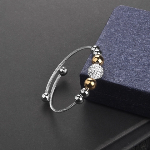 Modern Minimalistisch Roestvrijstalen Kralen Open Bangle Voor Dames Gedraaid Kabeldraad Armband Met Strass Sieraden