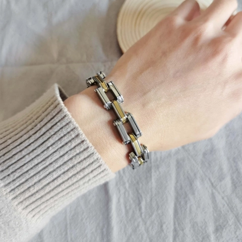 Bracciale da Uomo a Catena Meccanica Industriale Acciaio Inossidabile Bicolore Argento Oro Galvanico Gioielli Regalo