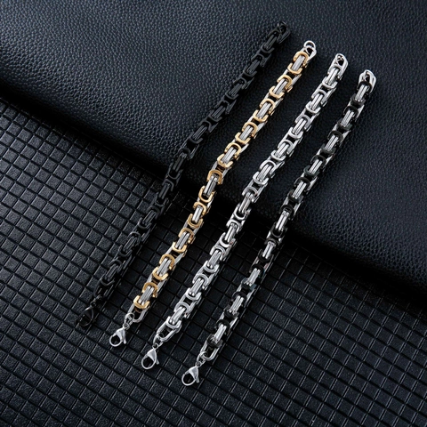 Men's Byzantine Square Box Chain Bracelet Stainless Steel Hip Hop Punk Jewelry Gold Silver Black Two Tone Bracelet For Men