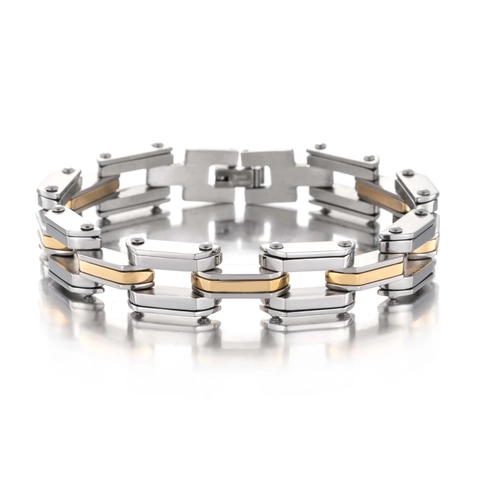 Bracciale da Uomo a Catena Meccanica Industriale Acciaio Inossidabile Bicolore Argento Oro Galvanico Gioielli Regalo