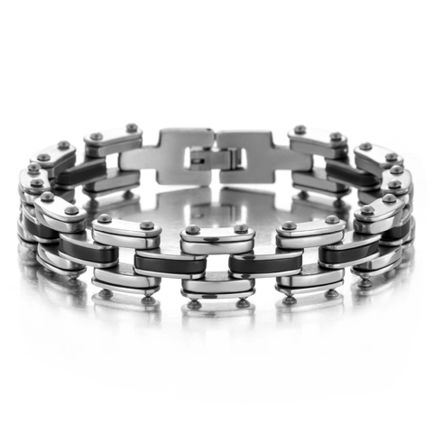 Industrial Style Stainless Steel Bracelet For Men Punk Mechanical Chain Bracelet With Silicone Inlays Gift For Boyfriend