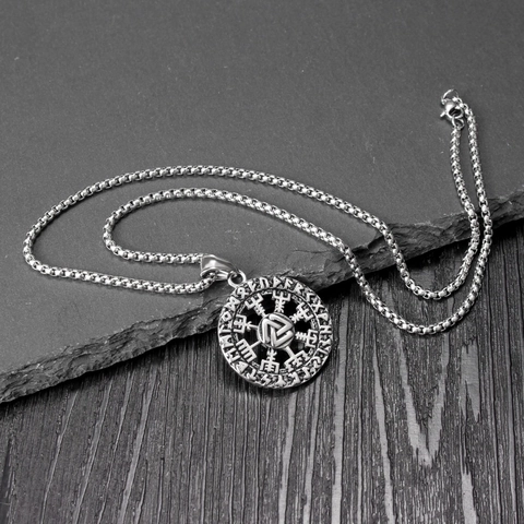 Collar con Colgante de Acero Inoxidable de Runa Vikinga Nórdica Colgante de Disco de Brújula Vegvisir Valknut para Hombre Mujer