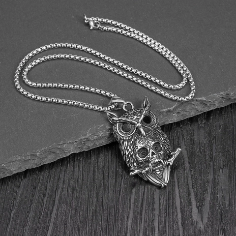Collana con Ciondolo a Forma di Gufo e Teschio Punk Gotico Vintage per Uomo Donna Acciaio Inossidabile Oro Argento