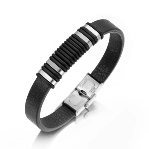 Punk Edelstahl PU Leder Armband Für Herren Damen Einfach Schwarz Leder Armreif Mit Metallringen Industrie Mode Schmuck Geschenk