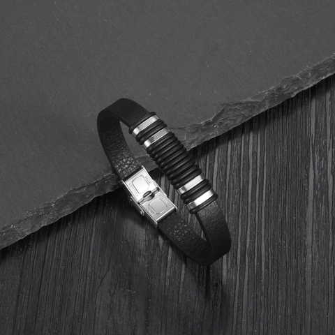 Punk Edelstahl PU Leder Armband Für Herren Damen Einfach Schwarz Leder Armreif Mit Metallringen Industrie Mode Schmuck Geschenk