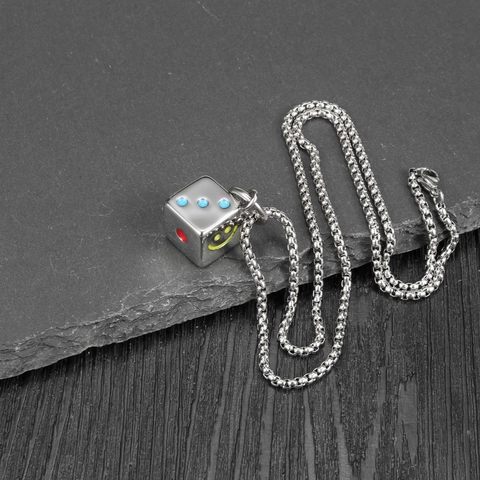 Stainless Steel Dice Pendant Necklace For Men Women Hip Hop Lucky Dice Smiley Face Enameled Punk Jewelry Gift No Chain Box Chain