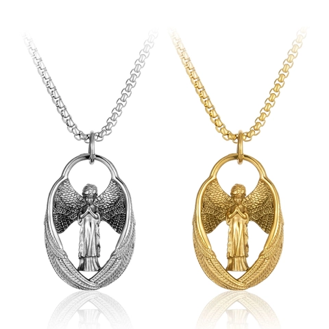 Vintage Stainless Steel Angel Wing Pendant Necklace For Men Women Retro Guardian Angel Feather Praying Relief Jewelry