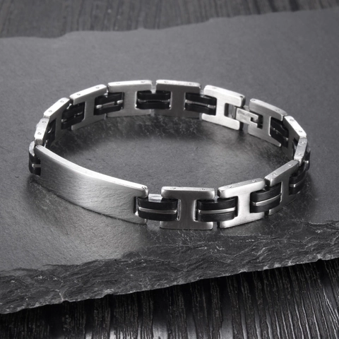 Braccialetto Spliced in Acciaio Inossidabile e Silicone Punk Bracciale con Piastrina ID Lucida Argento Nero Catena a H Gioielli da Uomo