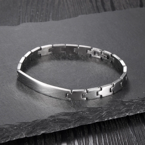 Polierter Edelstahl ID Armband Für Damen Gebogene Platte Gliederkette Geometrischer Mode Pendler Schmuck Silberfarben