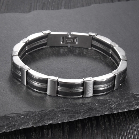 Bracelet Homme Moderne Industriel en Acier Inoxydable et Silicone Assemblage Noir Argent Géométrique pour Quotidien