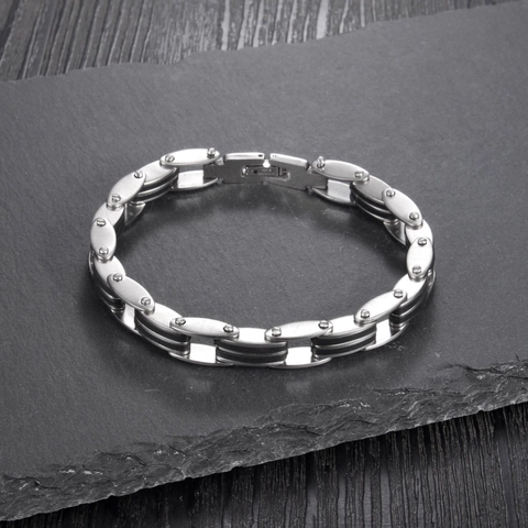 Bracciale da Uomo Industriale in Acciaio Inossidabile e Silicone Punk Moda Metallo Lucidato Catena in Gomma Gioielli Regalo