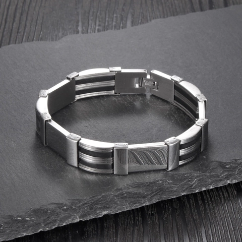 Herren Mode Edelstahl Silikon Armband Industriestil Poliert Geometrisches Armband Schwarz Silber Schmuck Geschenk Für Männer