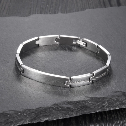 Bracciale Retrò in Acciaio Inossidabile con Piastra ID per Donna Catena a Maglie con Motivo a Piuma Gioielli Minimalisti