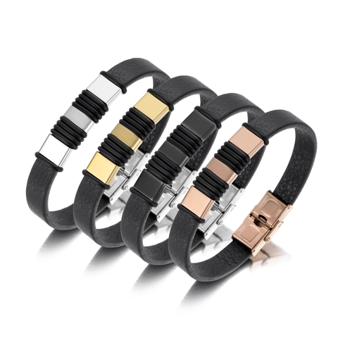 Pulsera de Moda para Hombre de Acero Inoxidable y Cuero PU Minimalista Textura Litchi Joyería Regalo para Parejas