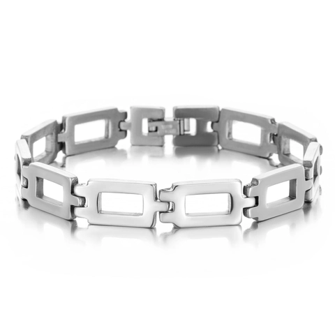 Bracciale Minimalista in Acciaio Inossidabile con Maglie Geometriche Rettangolari Traforate per Donna Gioiello di Moda Lucidato Colore Argento