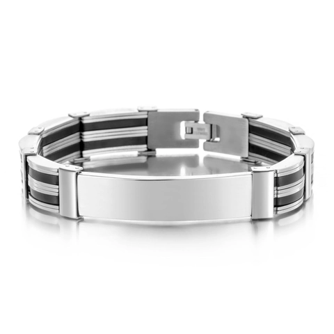 Men Individual Stainless Steel Silicone Bracelet Polished Metal ID Plate Curved Wristband Fashion Jewelry Gift For Him