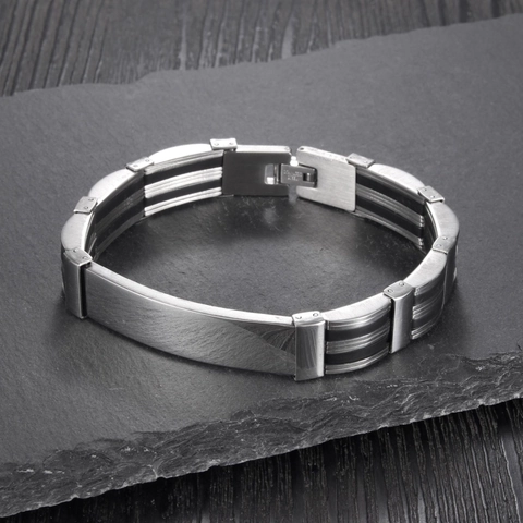 Men Individual Stainless Steel Silicone Bracelet Polished Metal ID Plate Curved Wristband Fashion Jewelry Gift For Him