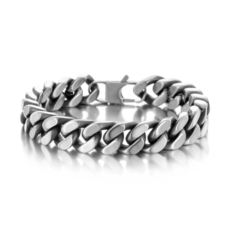 Pulsera de Eslabones Cubanos de Acero de Titanio para Hombre Vintage Mate Cepillado Estilo Punk Heavy Metal Color Plata