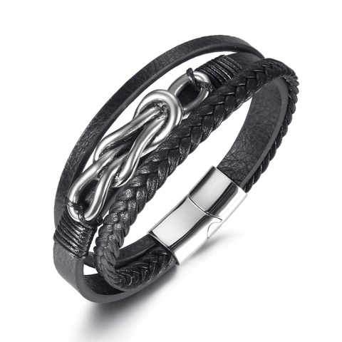Pulsera Multicapa de Cuero Trenzado para Hombre Con Cierre Magnético de Acero de Titanio Industrial Negro Plata Joyería de Mano Regalo