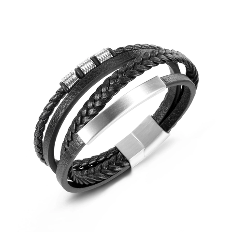 Men Personalized Titanium Steel Multilayer Woven Artificial Leather Bracelet With Magnetic Buckle Polished Geometric Punk Jewelry