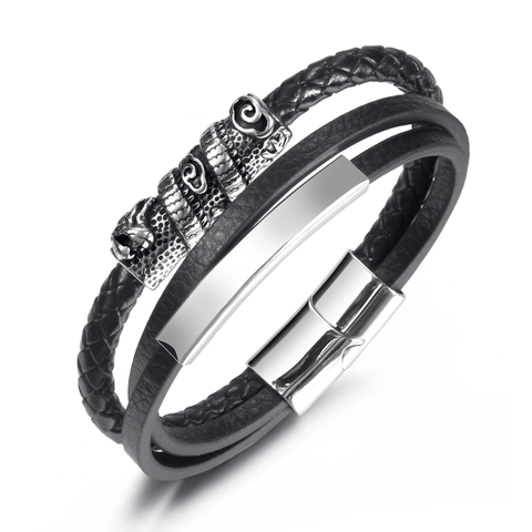 Men's Vintage Multi-Layer Braided Leather Bracelet With Stainless Steel Dragon Motif Magnetic Clasp Hip Hop Punk Jewelry