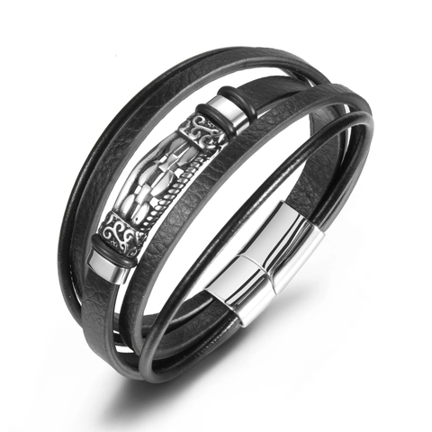 Vintage Herren Mehrlagig Geflochten Leder Armband Titanstahl Magnetverschluss Punk Stil Geschnitzt Muster Schmuck Armreif