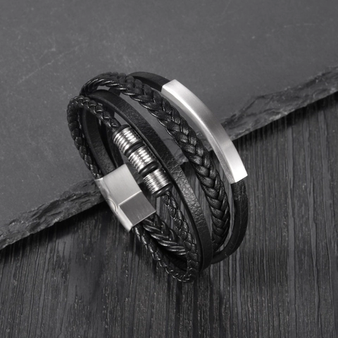 Men Personalized Titanium Steel Multilayer Woven Artificial Leather Bracelet With Magnetic Buckle Polished Geometric Punk Jewelry