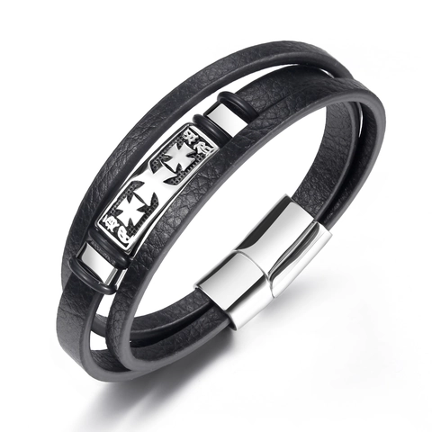 Vintage Heren Meerlaags Zwart Leren Armband Met Titanium Staal Kruis Hanger Gepolijste Magneetsluiting Punk Sieraden