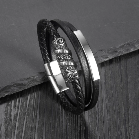 Men's Vintage Multi-Layer Braided Leather Bracelet With Stainless Steel Dragon Motif Magnetic Clasp Hip Hop Punk Jewelry