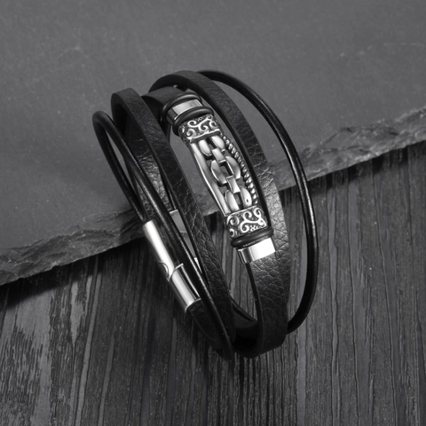 Vintage Herren Mehrlagig Geflochten Leder Armband Titanstahl Magnetverschluss Punk Stil Geschnitzt Muster Schmuck Armreif