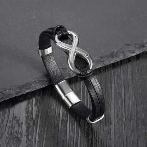 Pulsera para Hombre con Símbolo de Infinito de Acero de Titanio y Cuero Pulsera Multicapa de Cuero Genuino Trenzado con Cierre Magnético Joyería Hip Hop