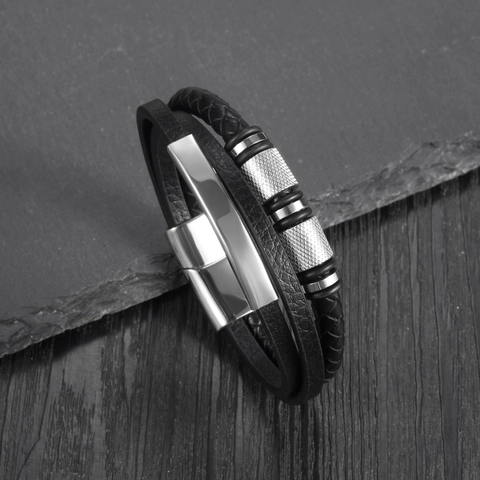 Pulsera de Cuero Trenzado Multicapa para Hombre Con Cierre Magnético de Acero de Titanio Joyería de Moda Industrial