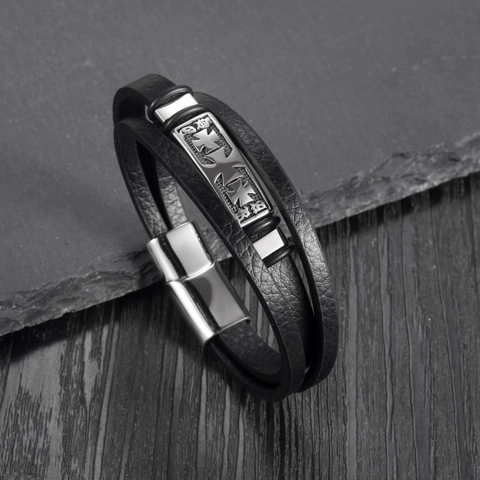 Vintage Heren Meerlaags Zwart Leren Armband Met Titanium Staal Kruis Hanger Gepolijste Magneetsluiting Punk Sieraden