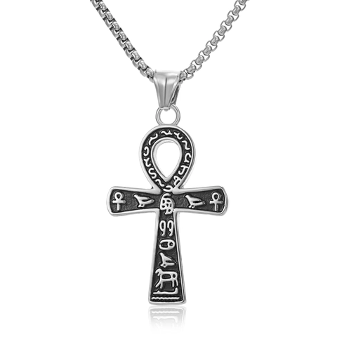 Collana Antico Egitto Croce Ankh Acciaio Inossidabile Geroglifici Retro Ciondolo Religioso per Uomo Gioielli Hip Hop