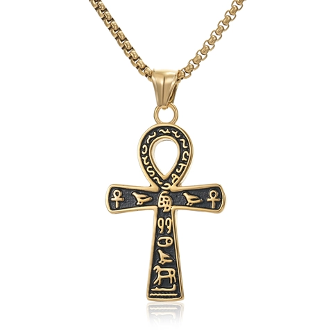 Collana Antico Egitto Croce Ankh Acciaio Inossidabile Geroglifici Retro Ciondolo Religioso per Uomo Gioielli Hip Hop