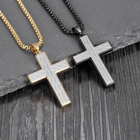 Collana con Pendente a Croce in Acciaio al Titanio Vintage per Uomo Retro Bicolore Spazzolato Metallo Gioiello Religioso