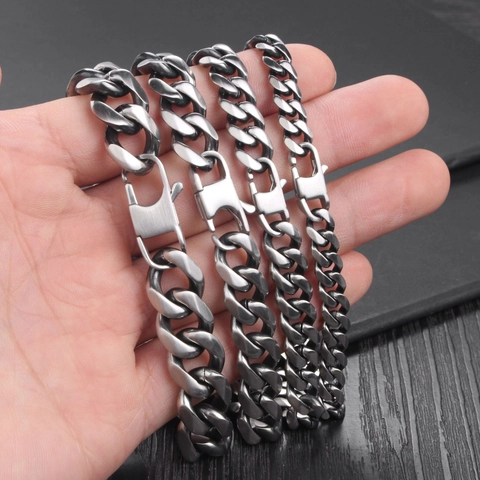 Heren Titanium Staal Cubaanse Schakelarmband Gepolijst Industrieel Geborsteld Zilverkleur Mannelijk Hip Hop Hand Sieraden