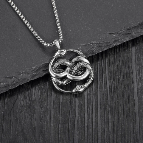Retro Stainless Steel Double Snake Ouroboros Pendant Necklace For Men Hip Hop Gothic Entwined Serpent Medallion Jewelry