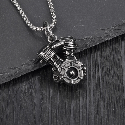 Vintage Industriële V-Twin Motor Hanger Halsketting Titanium Staal Mechanische Motorfiets Motor Hanger Voor Heren Biker Sieraden