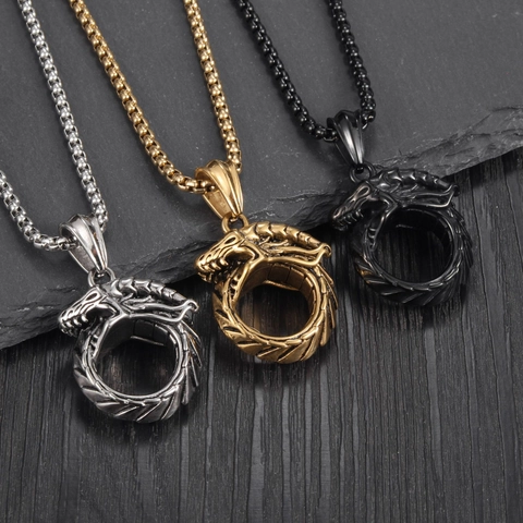 Retro Dragon Ouroboros Pendant Necklace Titanium Steel Dragon Head Tail Circle Necklace Personalized Vintage Jewelry Gift For Men