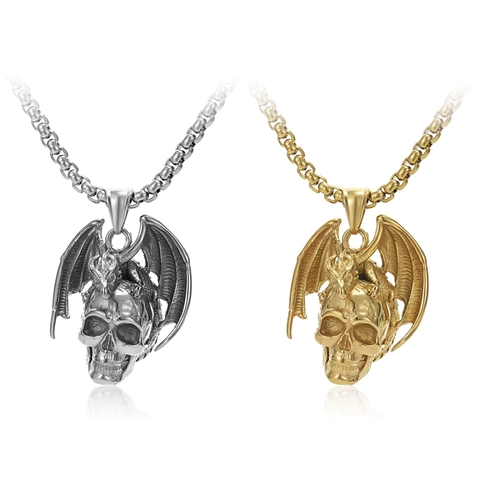 Retro Gothic Skeleton Dragon Wing Pendant Necklace Titanium Steel Punk Skull Necklace For Men Hip Hop Fashion Jewelry