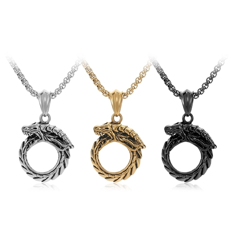 Retro Dragon Ouroboros Pendant Necklace Titanium Steel Dragon Head Tail Circle Necklace Personalized Vintage Jewelry Gift For Men