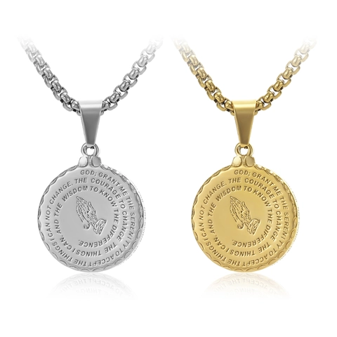 Stainless Steel Serenity Prayer Pendant Necklace For Men Women Praying Hands Round Embossed Religious Medallion Jewelry