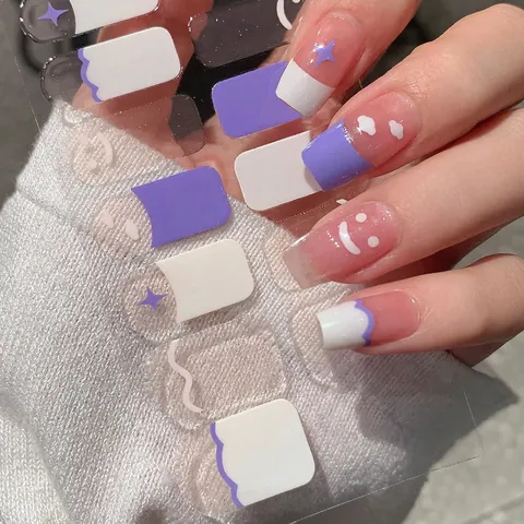 Französisch Smiley Herz Nagel Kunst Aufkleber Lila Weiß Wolken Stern Selbstklebend Full Wrap DIY Maniküre Dekoration Für Frauen